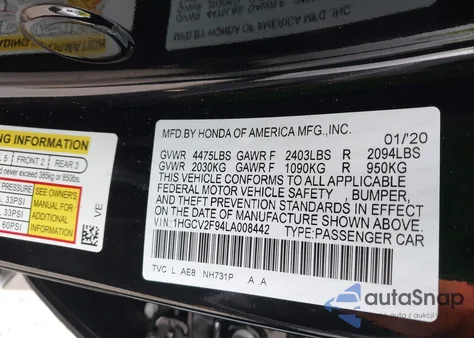 2020 Honda Accord Touring z USA, uszkodzony, nr VIN 1HGCV2F94LA008442